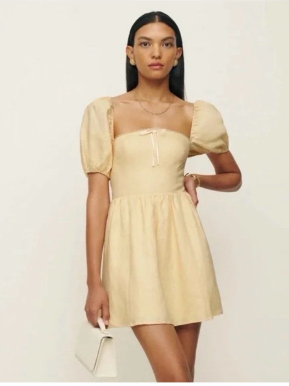 Reformation Pale Yellow Puff Sleeve Linen Dress